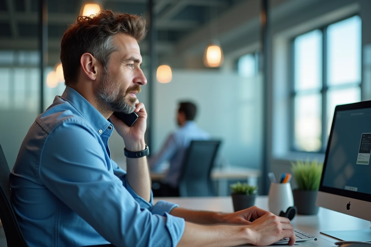 Homme d age moyen parlant au téléphone dans son bureau