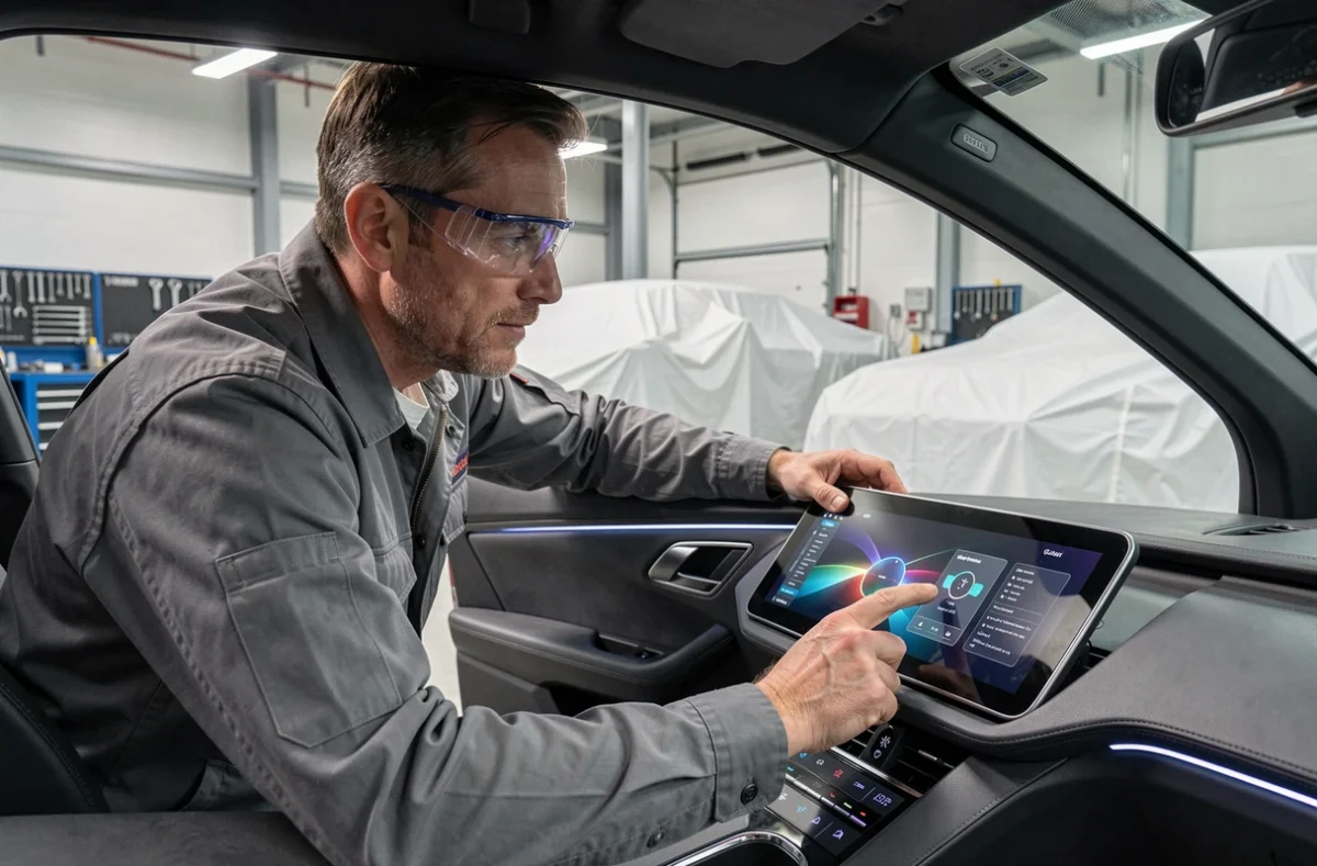 Ingénieur automobile examinant le tableau de bord futuriste d'un prototype de voiture dans un centre de recherche moderne