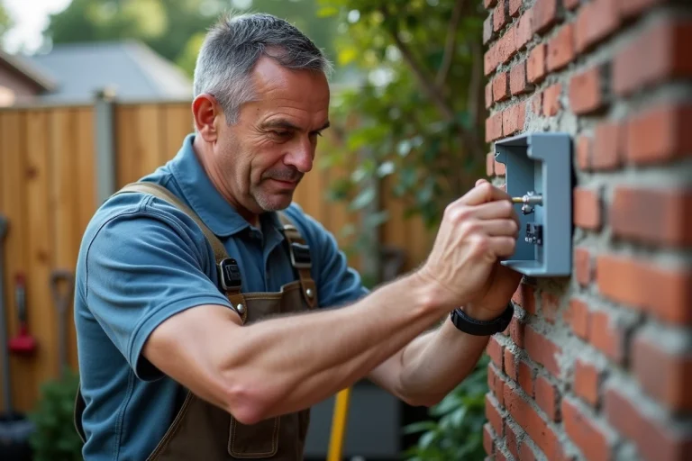 Homme moyenâgeux installant une boîte électrique extérieure