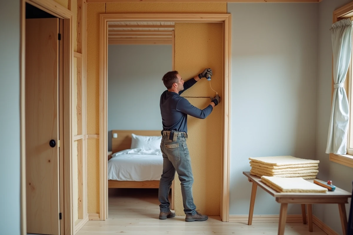 Artisan posant de l'isolant en laine de bois dans la cloison d'une chambre moderne en cours de rénovation