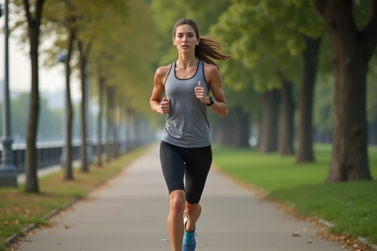 Jeune femme sportive en course dans un parc urbain