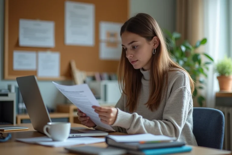 Jeune femme concentrée examinant un document Crous dans sa chambre