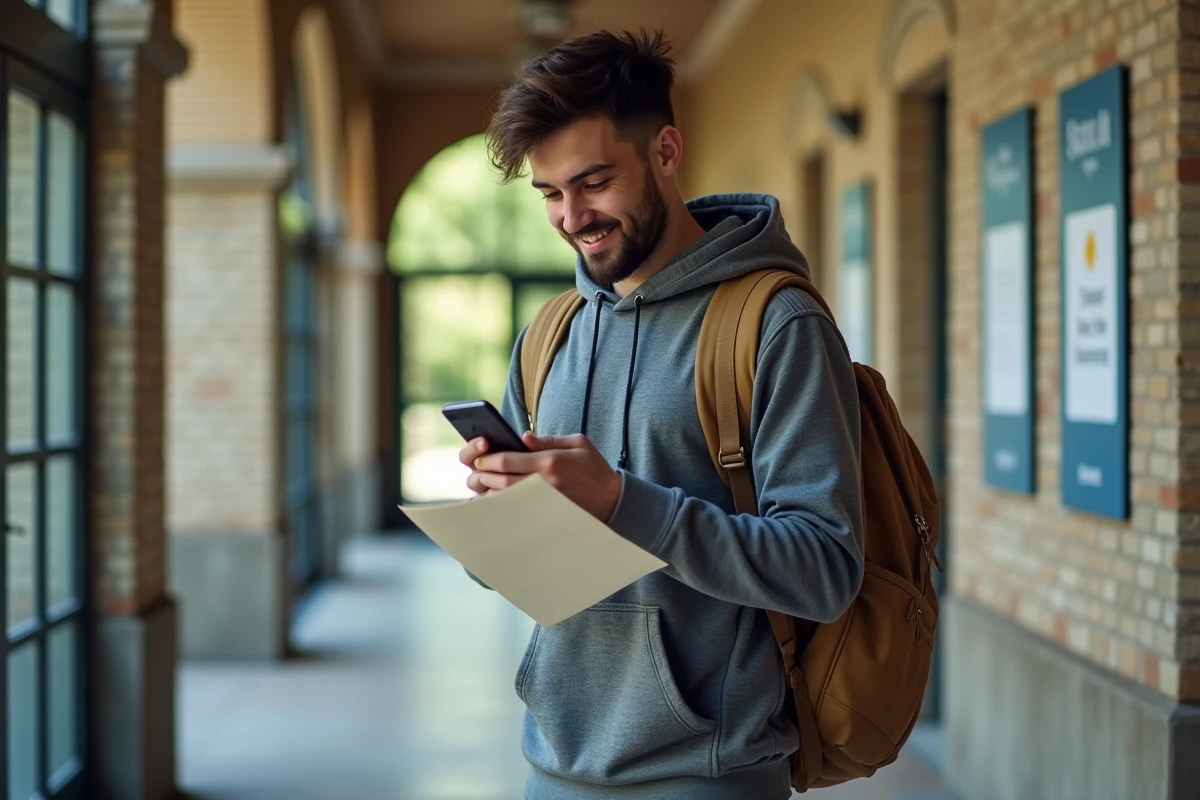 Jeune homme dans le couloir vérifiant son code Crous sur son téléphone