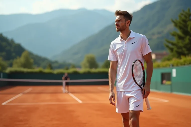 Jeune joueur de tennis professionnel sur un court en terre battue dans le nord de l'Italie, évoquant les origines italiennes de Jannik Sinner