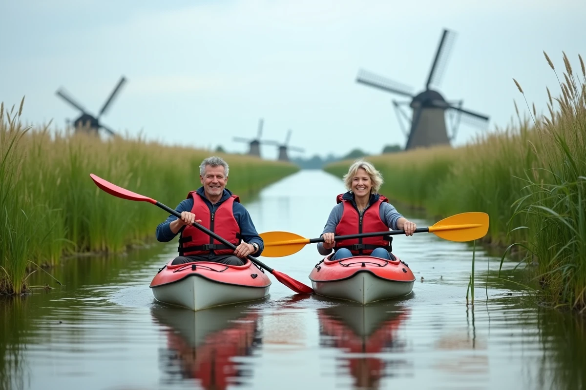 Couple faisant du kayak dans les canaux des marais du Pays de Retz entourés de roselières verdoyantes