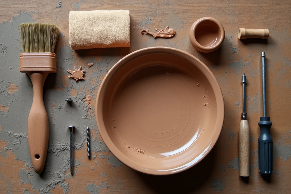 Kit d'entretien pour tour de potier disposé sur une table en bois avec outils et accessoires de maintenance