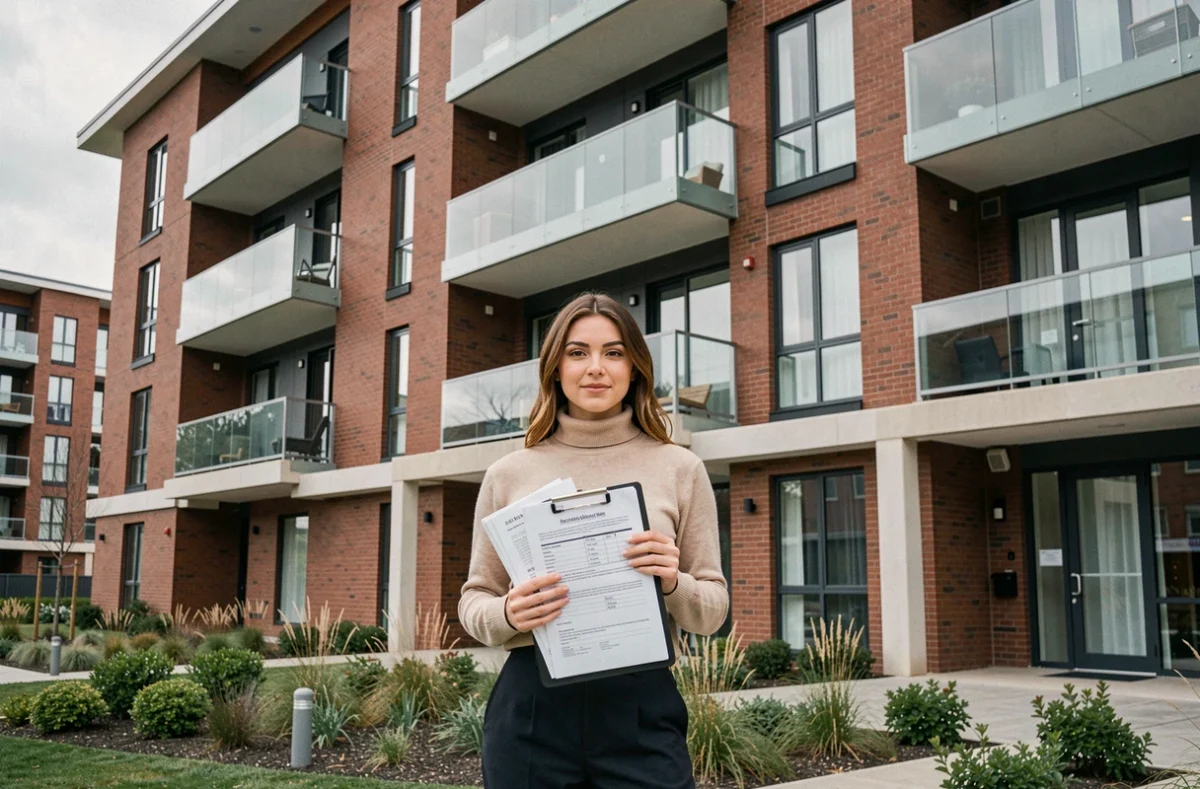 Jeune locataire devant un immeuble résidentiel avec ses dossiers de candidature pour un logement