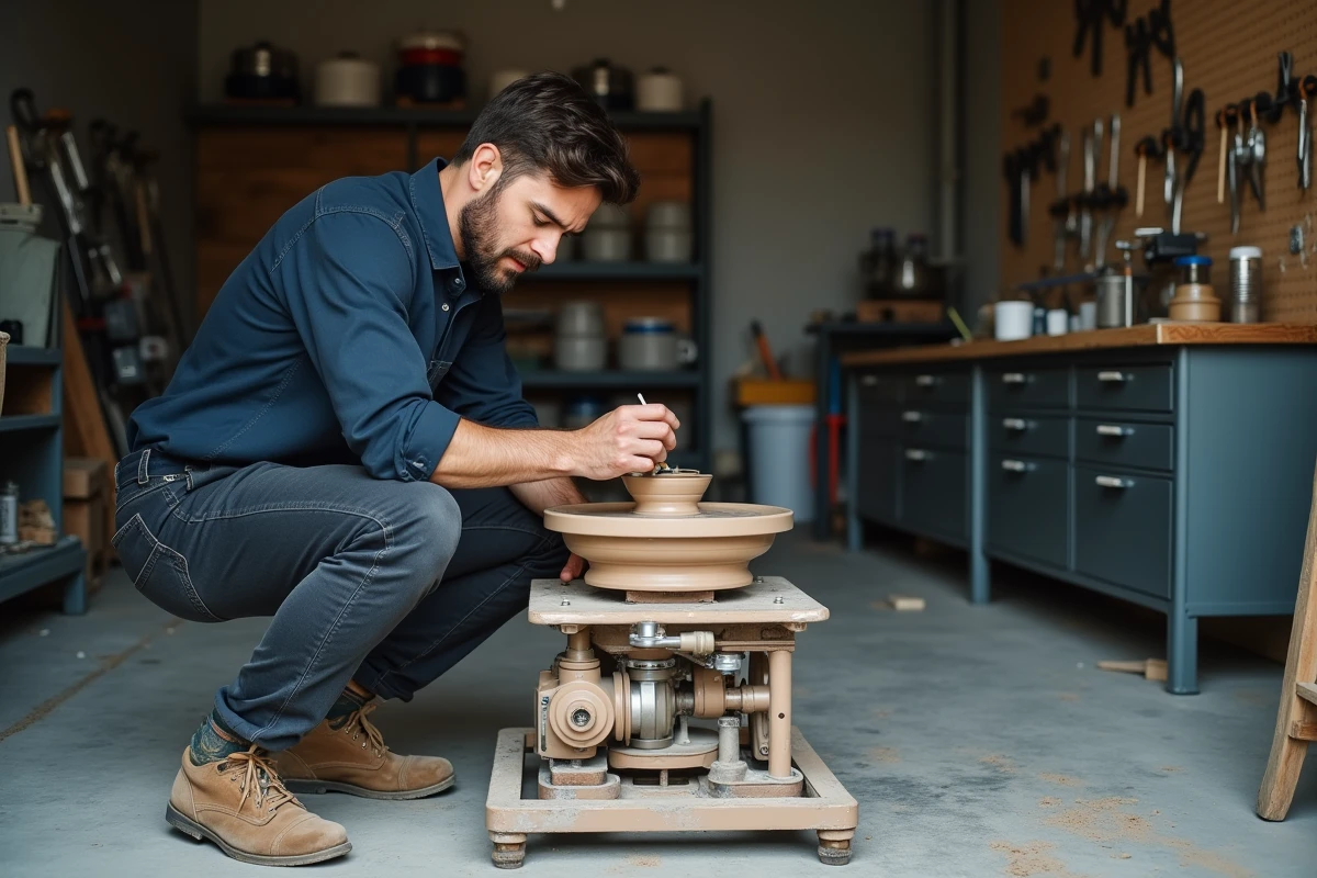 Potier lubrifiant les roulements mécaniques d'un tour de potier dans un atelier de céramique
