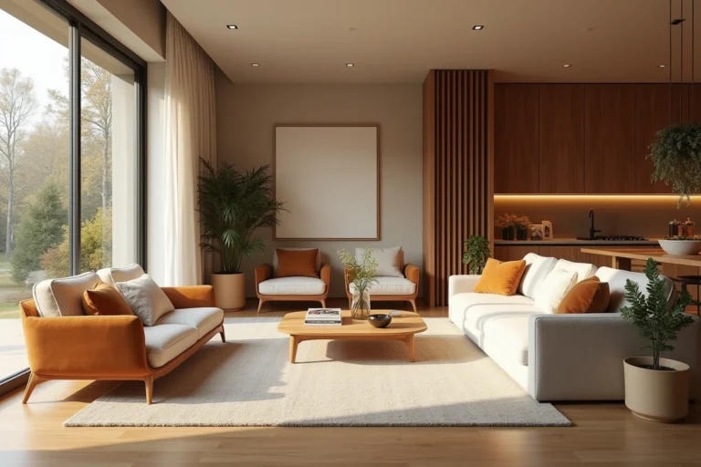 Intérieur moderne et cosy d'une maison contemporaine transformée en cocon avec matières naturelles, velours, bois et plantes