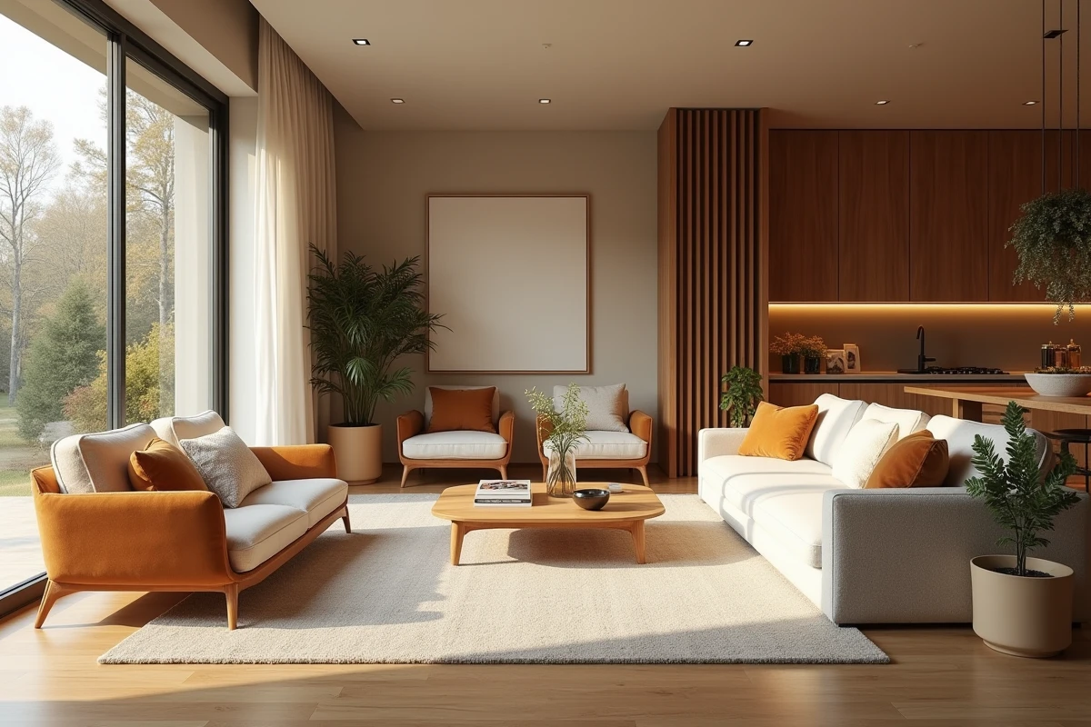 Intérieur moderne et cosy d'une maison contemporaine transformée en cocon avec matières naturelles, velours, bois et plantes
