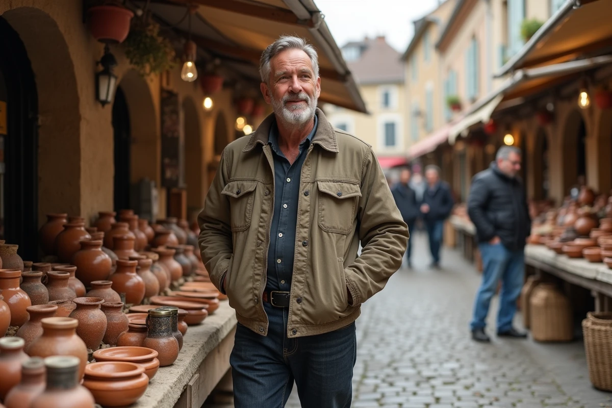 Homme explorant un marché artisanal en plein air dans un village du Pays de Retz avec poteries et produits locaux