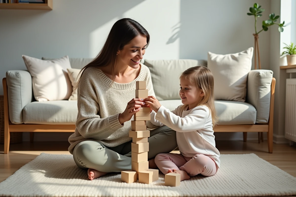 Mère et fille jouant ensemble sur un tapis dans un salon scandinave décoré avec soin