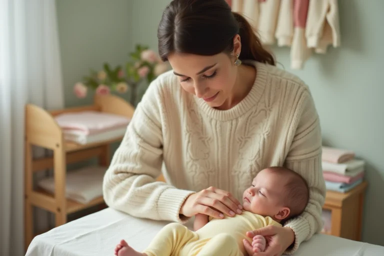 Jeune mère habillant son bébé avec un body taille 3 mois dans une chambre de bébé décorée en tons pastel