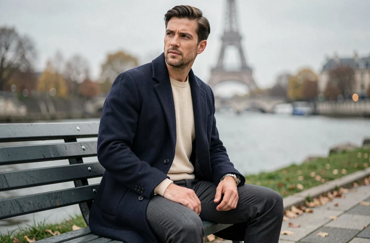 Homme en manteau de laine tendance mode masculine française au bord de la Seine à Paris