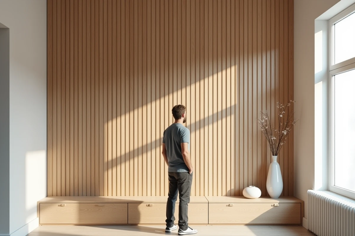 Mur d'accent en tasseaux de bois brut dans un salon contemporain avec jeu d'ombres et de rythme vertical