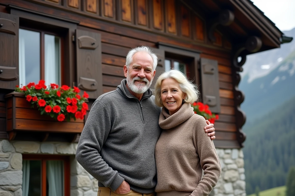 Couple de parents dans un village traditionnel du Tyrol du Sud devant un chalet alpin avec les Dolomites en arrière-plan, symbolisant les origines familiales alpines de Sinner