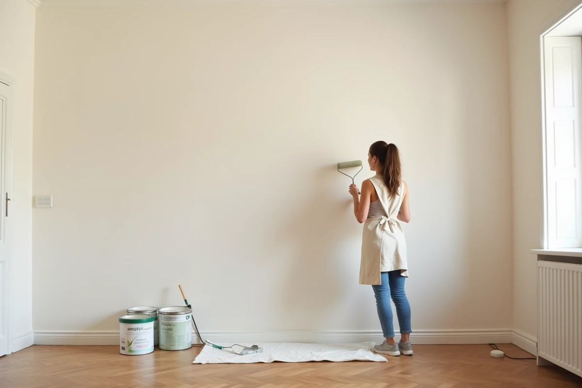 Femme appliquant une peinture biosourcée dépolluante sur le mur d'un salon moderne avec un rouleau large
