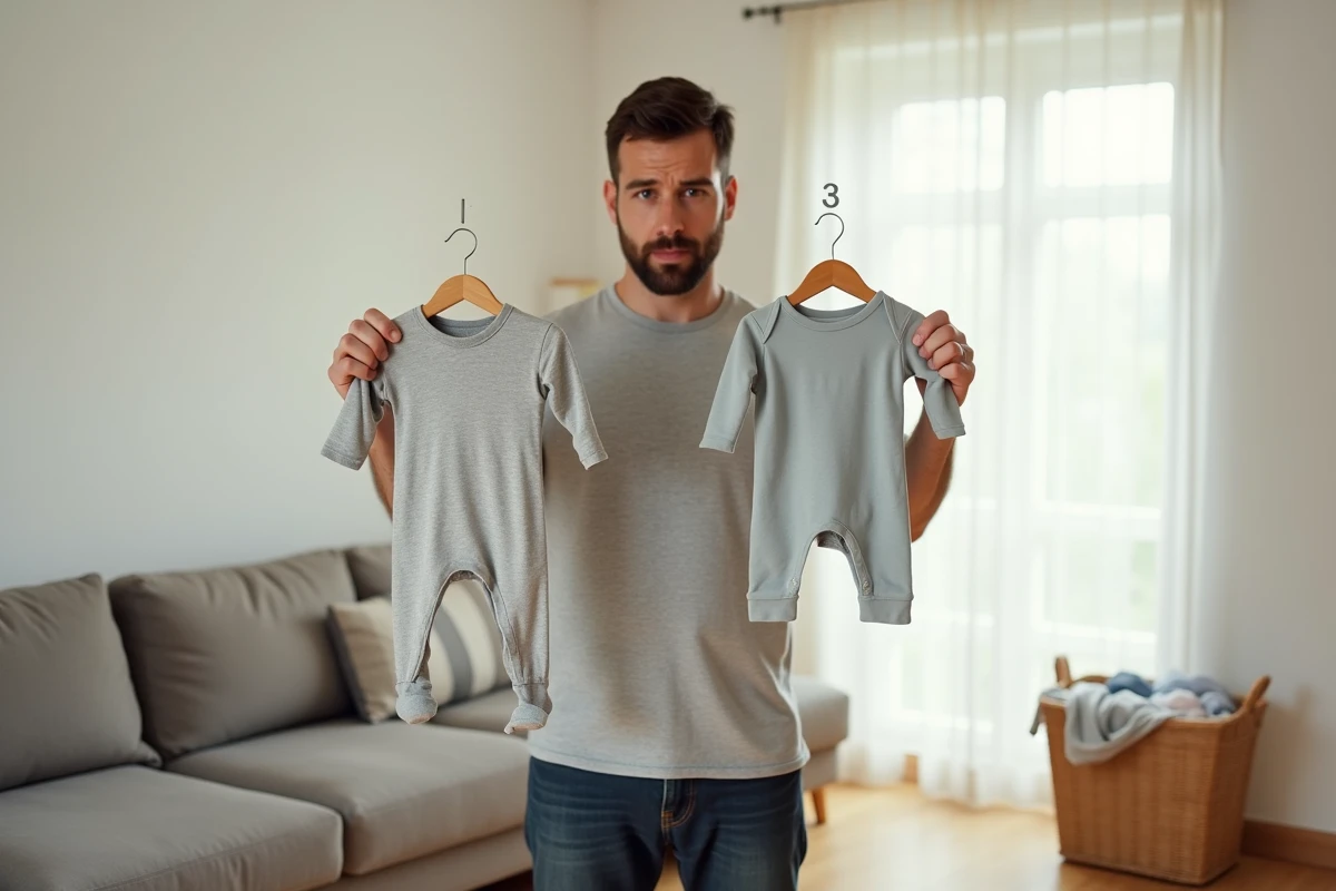 Père comparant deux tenues de bébé de taille 1 mois et 3 mois dans un salon lumineux