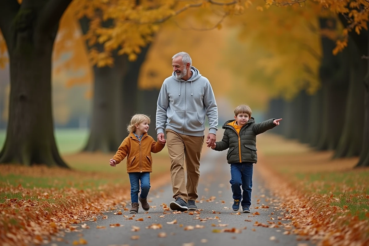 Père se promenant avec ses deux enfants dans un parc automnal aux feuilles dorées