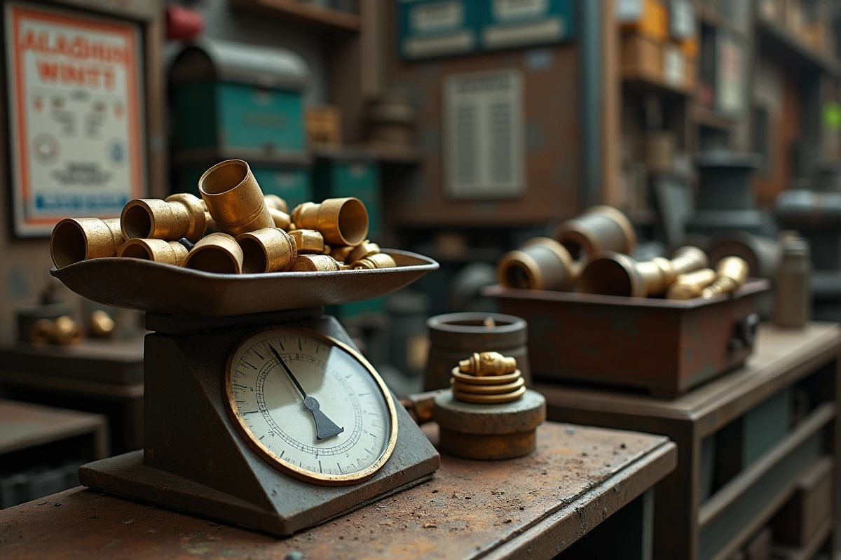 Balance de ferrailleur chargée de chutes de bronze dans une casse de métaux non-ferreux avec tableau des prix visible