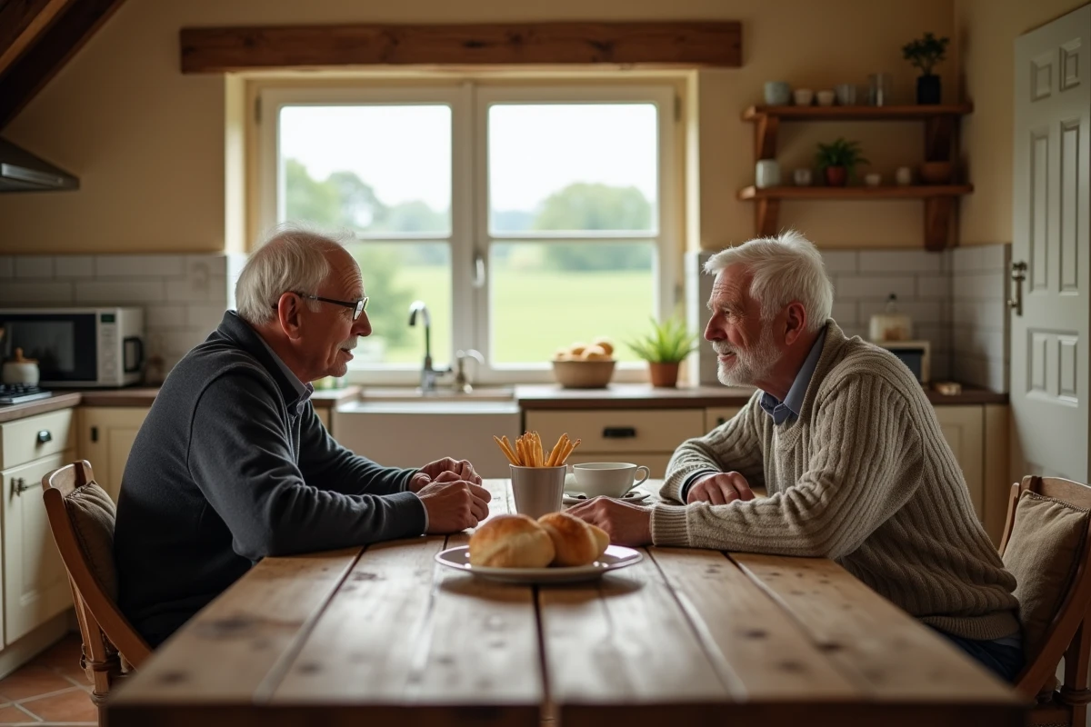 Deux hommes partageant un petit déjeuner dans une cuisine rustique