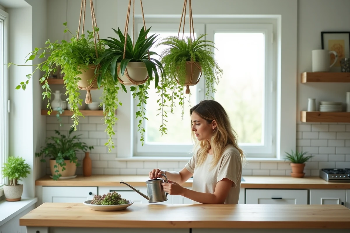 Plantes dépolluantes en suspension dans une cuisine moderne avec pothos et chlorophytum en jardinières aériennes
