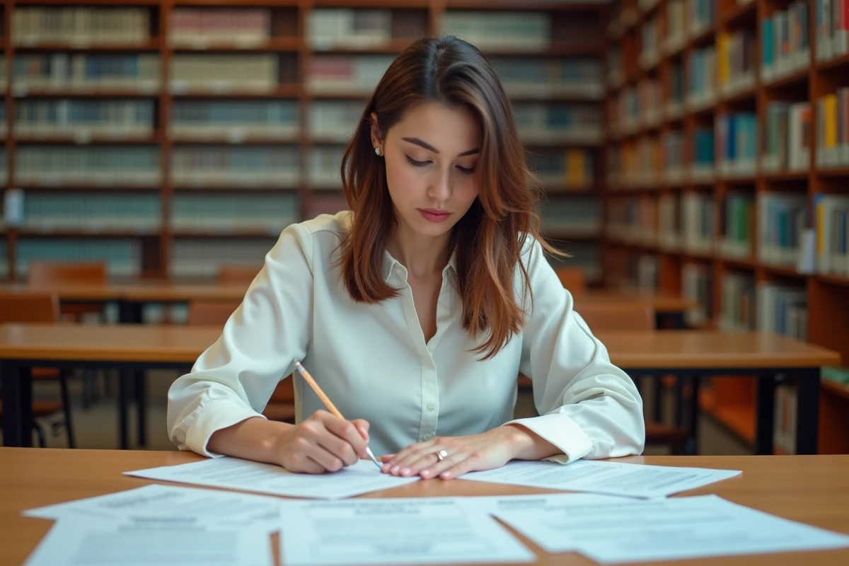 Femme se préparant aux tests psychotechniques SNCF avec des exercices de logique dans une bibliothèque