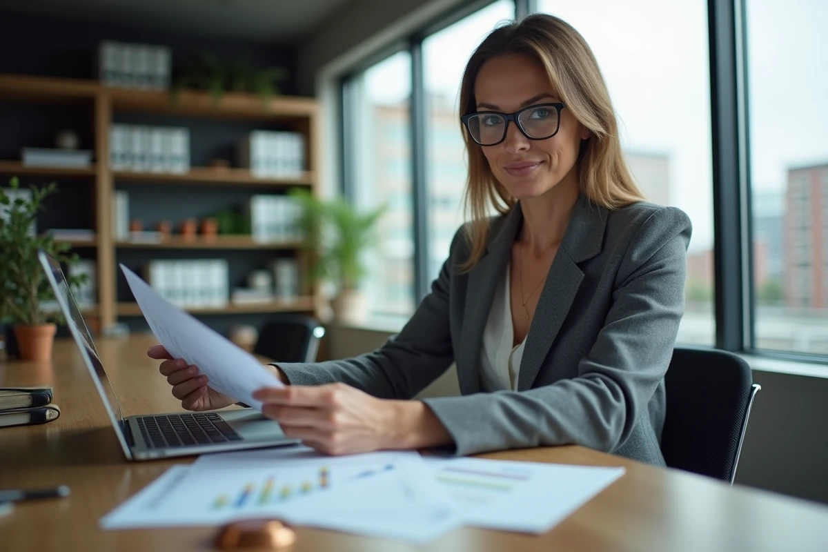 Femme d'affaires analysant les prévisions de prix du bronze en 2026 avec des échantillons de métal sur son bureau