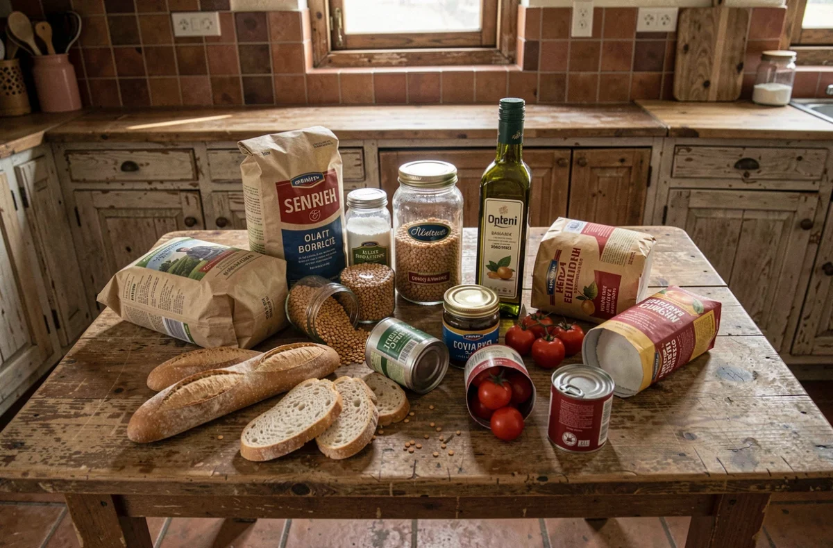 Produits alimentaires essentiels français comme la farine, les conserves et l'huile d'olive en cas de pénurie