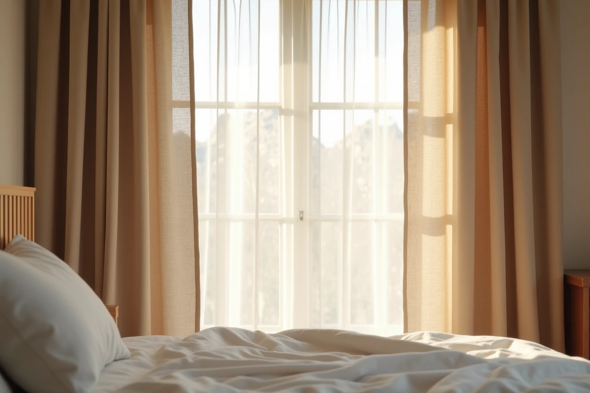 Double rideau en lin lavé filtrant la lumière naturelle devant une fenêtre de chambre moderne et apaisante