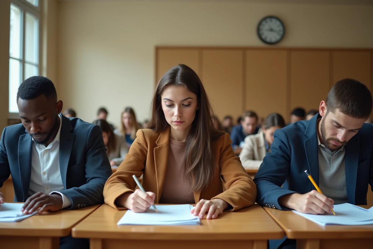 Candidats en salle d'examen passant les tests psychotechniques officiels de la SNCF