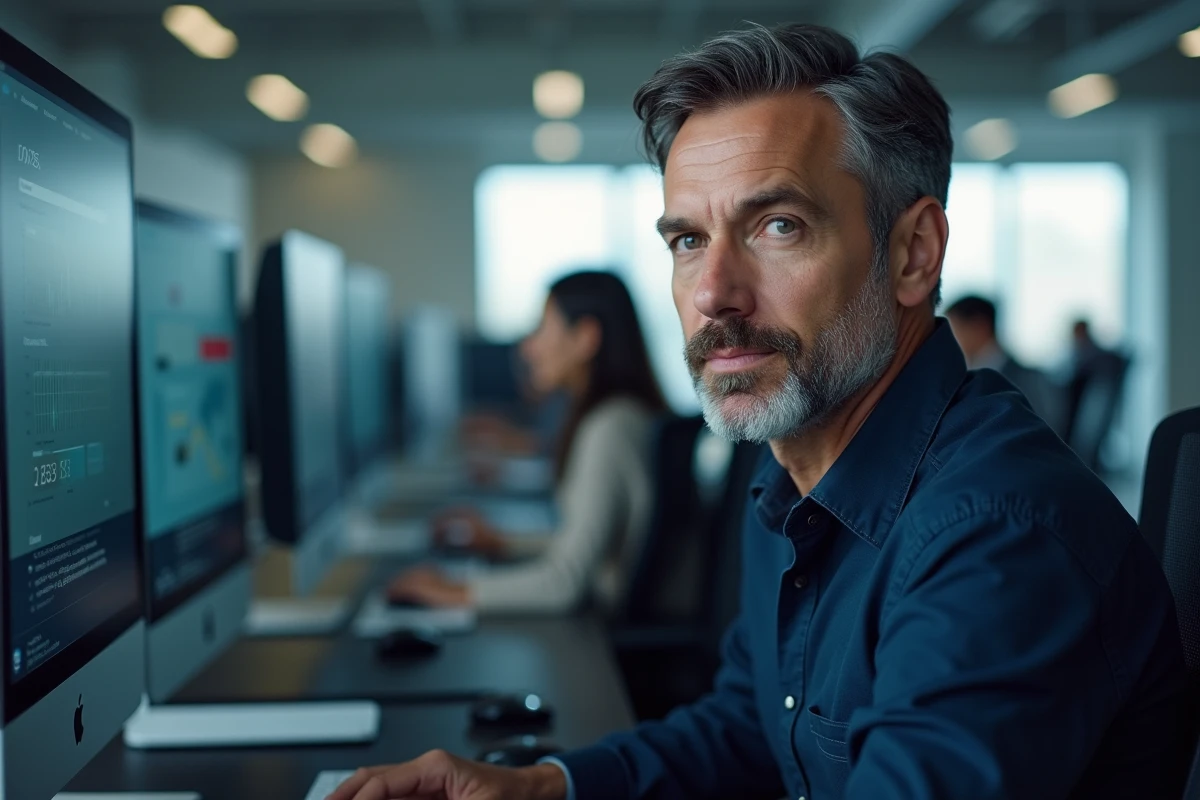 Homme en open space vérifiant la sécurité de sa navigation en ligne au bureau