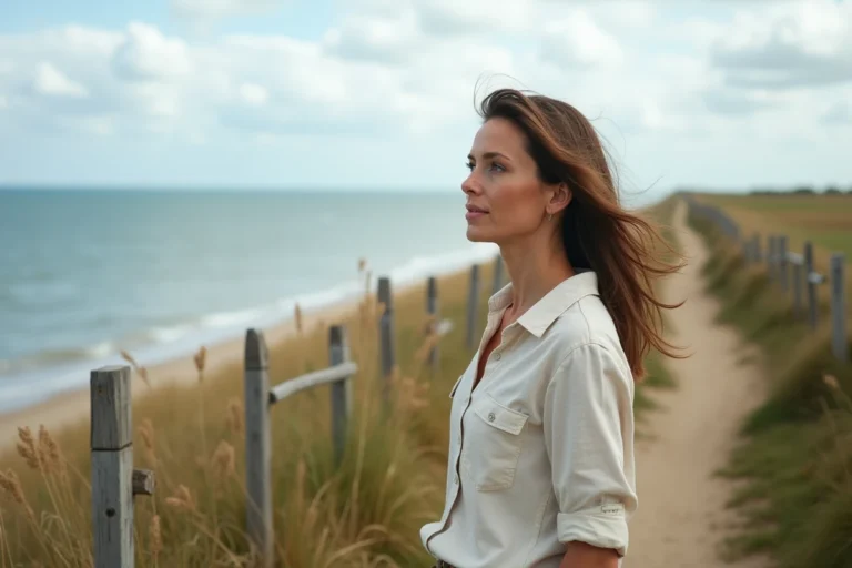 Femme se promenant sur un sentier côtier du Pays de Retz avec vue sur l'océan Atlantique et les marais