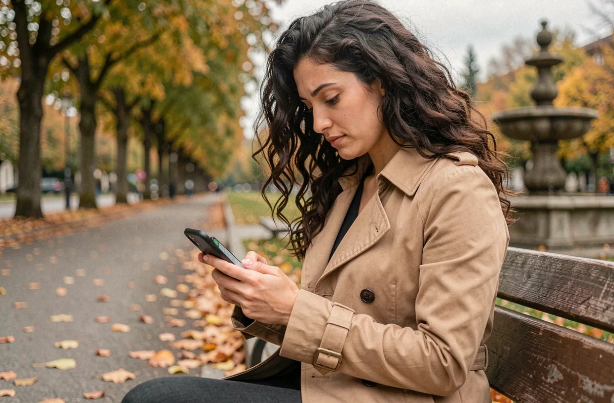 Jeune femme cherchant un soutien psychologique via une application mobile dans un parc en Suisse