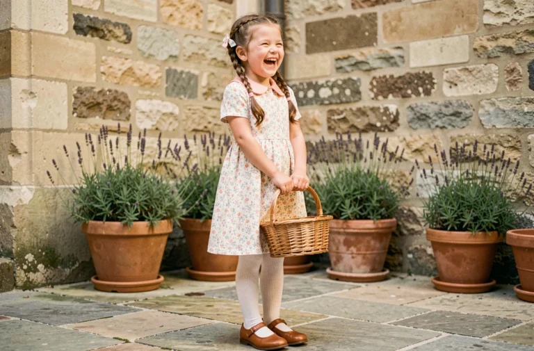 Petite fille de 7 ans habillée avec style dans une robe fleurie pastel et chaussures Mary Jane en cuir cognac dans une cour parisienne