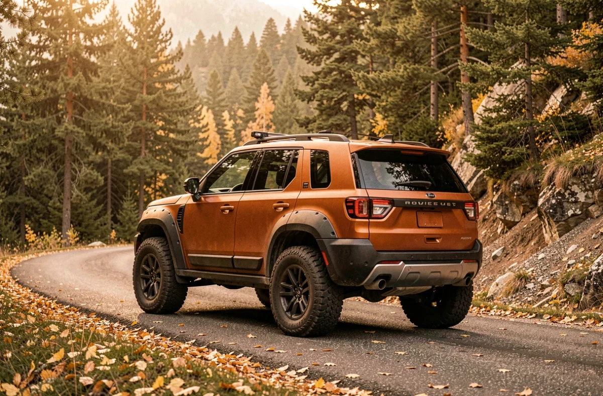 SUV concept robuste en orange et noir mat garé sur une route de montagne sinueuse entourée de forêts de pins en automne