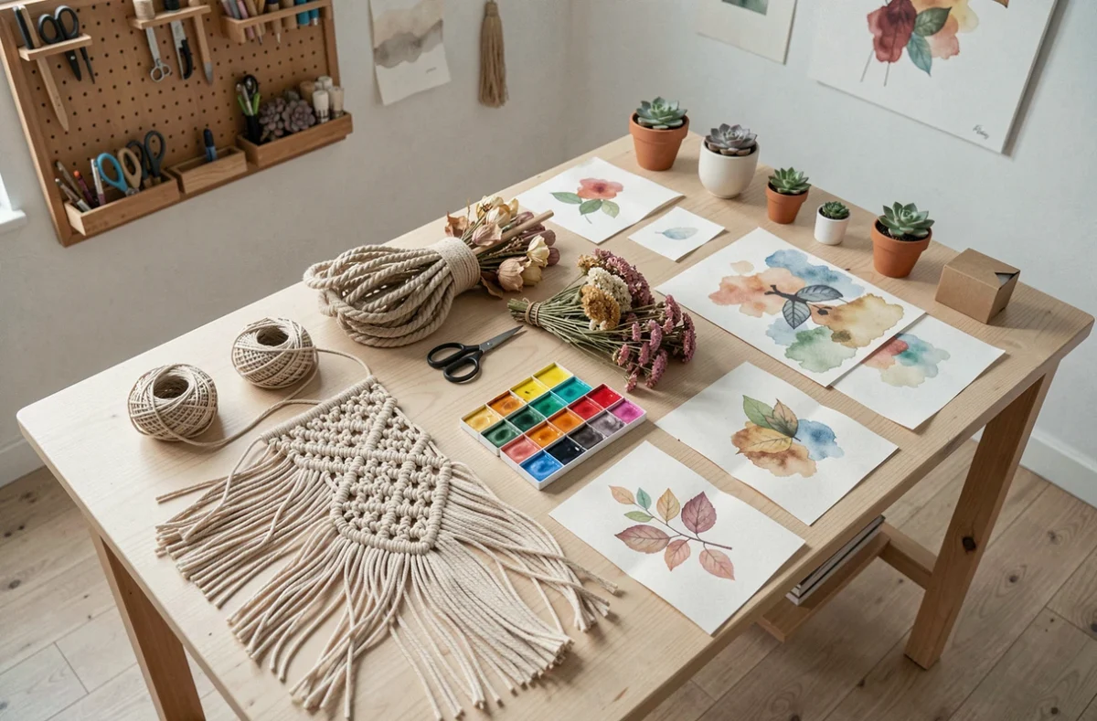 Table de travail créatif organisée avec du cord de macramé, des aquarelles et des fleurs séchées pour des projets de décoration fait-main