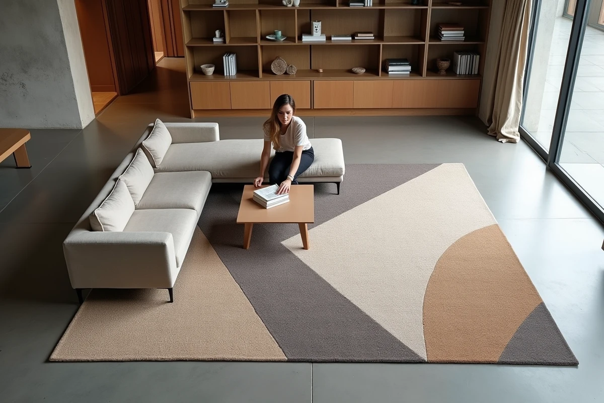 Tapis en fibres recyclées délimitant une zone salon dans un espace ouvert moderne avec sol en béton poli
