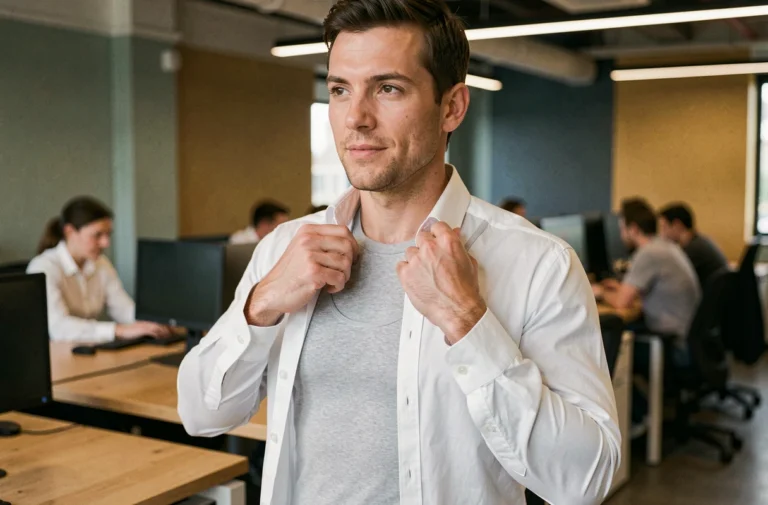Homme portant le tee-shirt de posture Percko sous une chemise dans un bureau moderne, illustrant le confort au travail