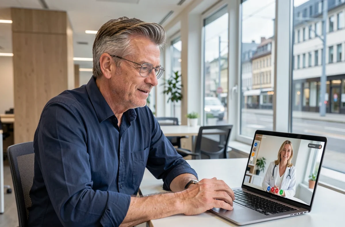 Homme en téléconsultation psychologique par vidéo dans un espace de travail moderne en Suisse