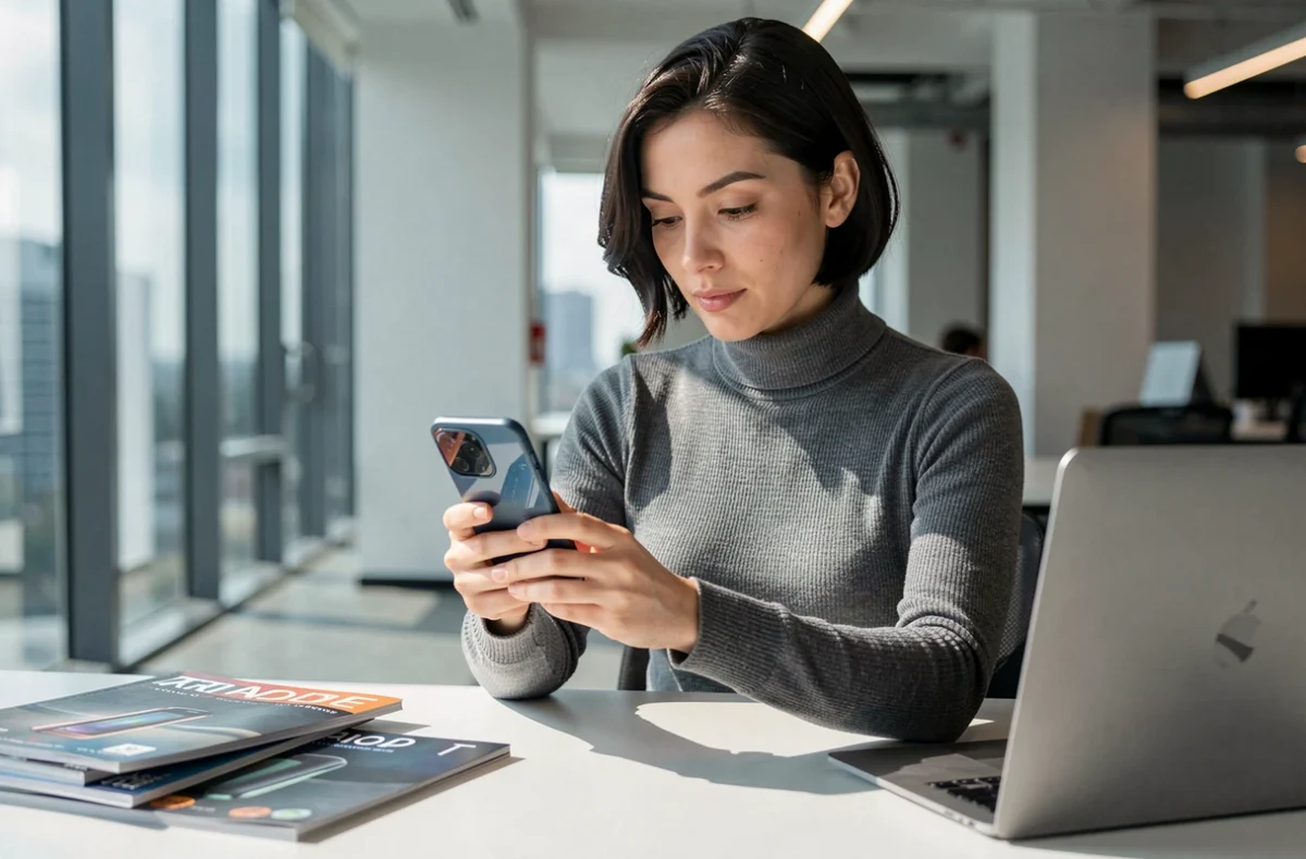 Femme découvrant les dernières tendances smartphones et technologies high-tech dans un bureau moderne