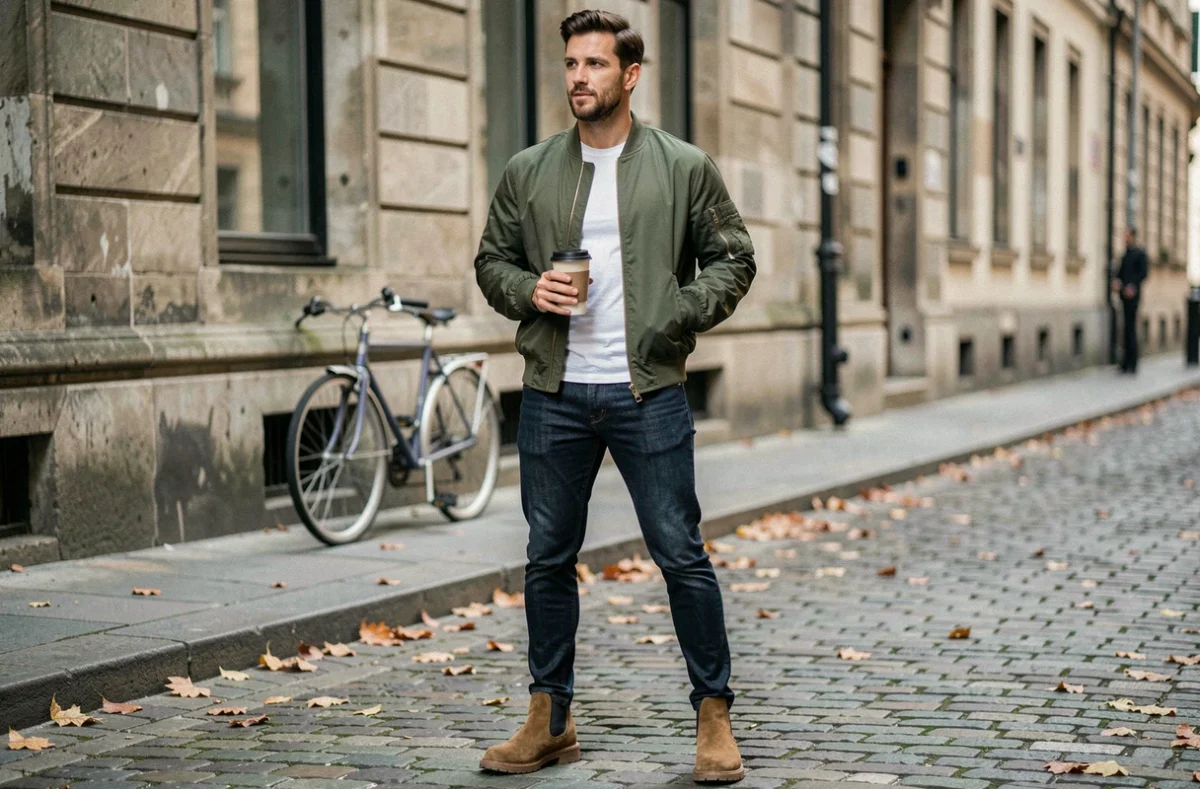 Homme en blouson bomber olive dans une rue pavée européenne, style lifestyle urbain automne