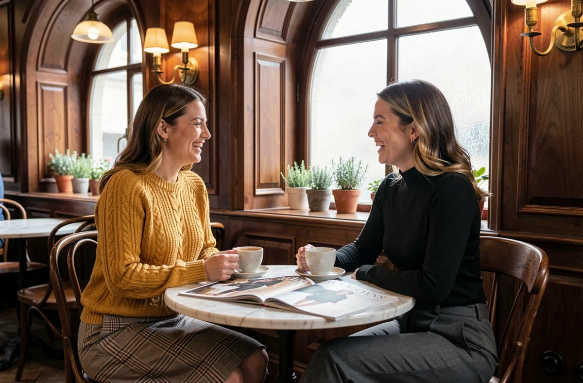 Deux femmes en tenues tendance automne-hiver attablées dans un café parisien avec magazines de mode