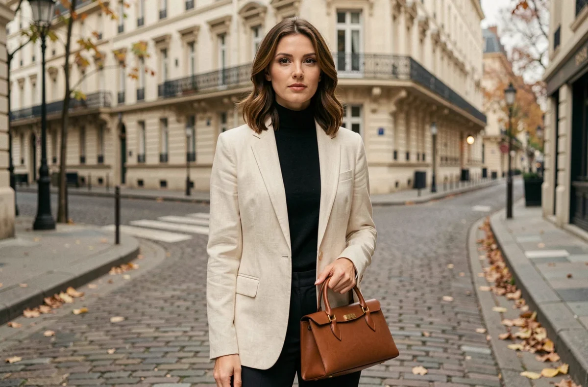 Femme parisienne en blazer crème tendance mode française dans le quartier du Marais