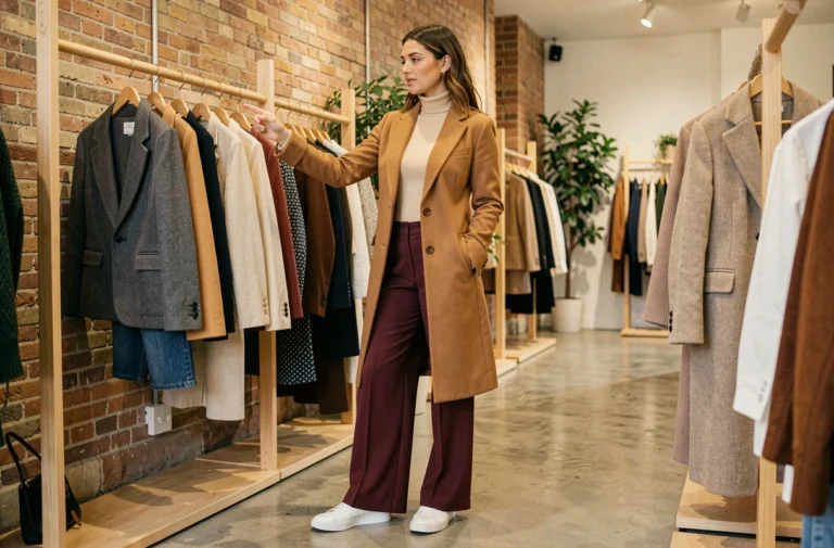 Femme élégante en manteau camel feuilletant des vêtements dans une boutique parisienne au décor minimaliste