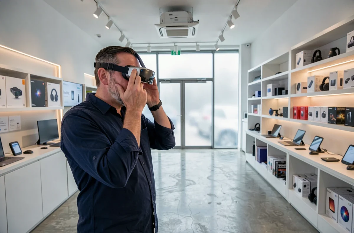 Homme testant des lunettes de réalité augmentée dans un showroom électronique high-tech
