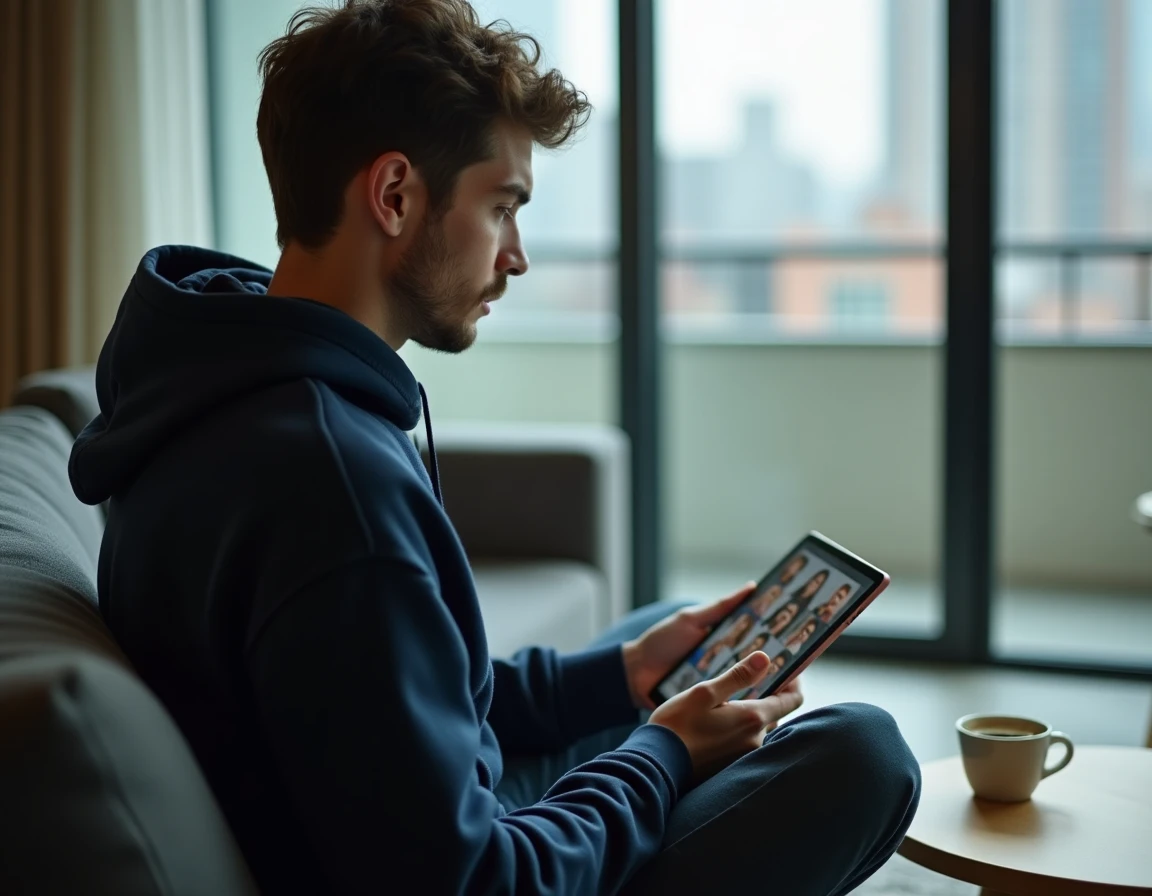 Jeune adulte en visioconférence sur tablette depuis son canapé dans un appartement moderne en ville